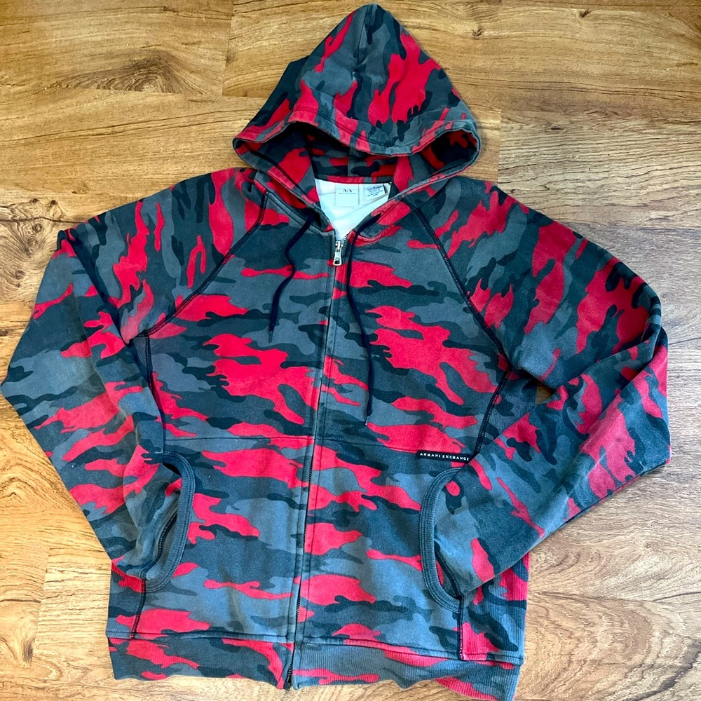 A/X Armani Exchange Red and Grey Camo Print Hoodie